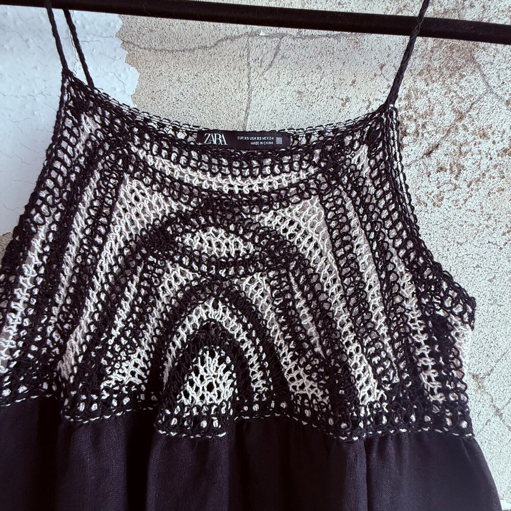 Zara Crochet Bodice Cotton Blend Mini Dress Cream Black Indie Coquette XS - Picture 6 of 9
